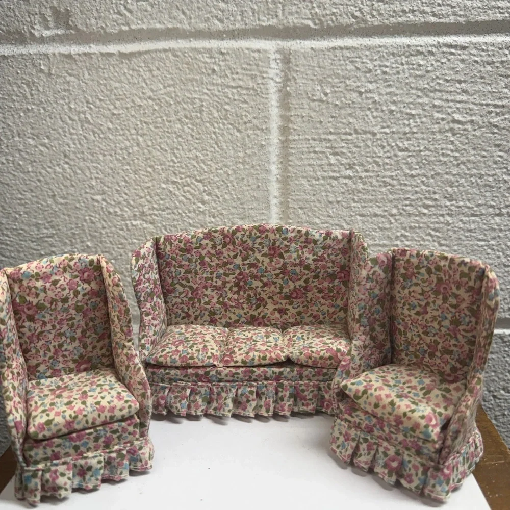 Vintage Floral Patterned High Back Miniature Sofa and Chair Set